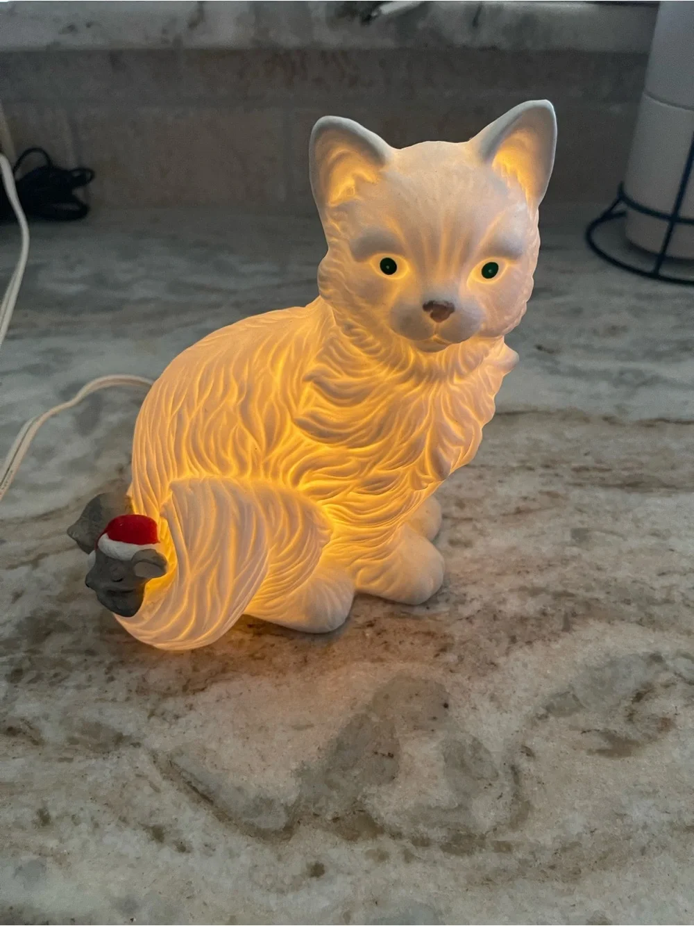 White Ceramic Cat Figurine with Green Eyes - Decorative Holiday Accent